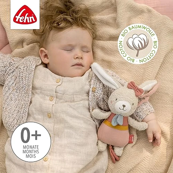 Fehn Mini-Spieluhr Hase fehnNATUR – Kuscheltier & Einschlafhilfe mit Baumwolle (kbA) – Melodie „Mozarts Wiegenlied“ beruhigt in jeder Situation zuhause & unterwegs – für Babys & Kleinkinder – Bild 3