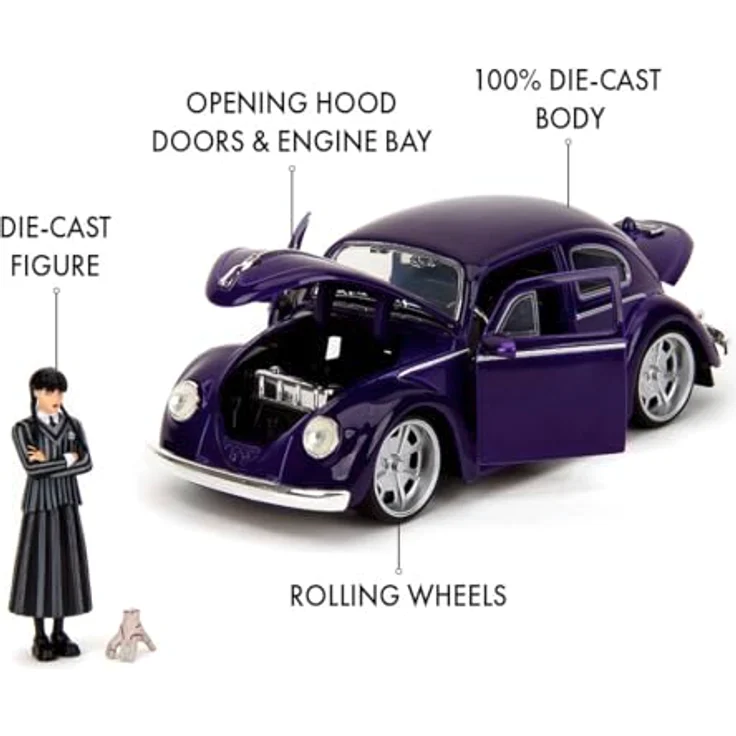 JADA Modellauto Wednesday 1972 Volkswagen Beetle VW Käfer 1:24, inklusive Wednesday Figur, Schleichendes Design und freilaufende Türen – Bild 4