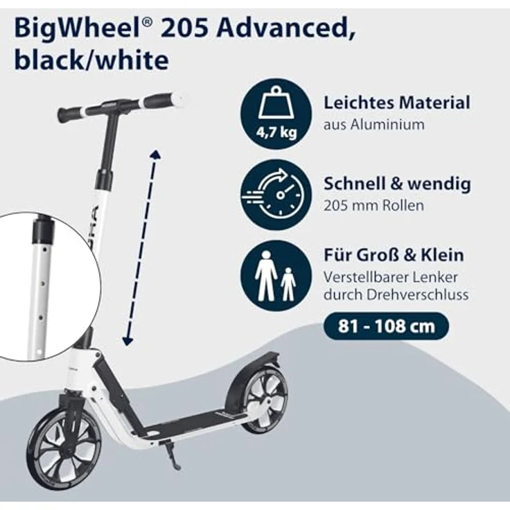 HUDORA BigWheel® 205 Advanced, Aluminium-Scooter für bis zu 100kg, höhenverstellbar und zusammenklappbar, schwarz-weiß – Bild 2