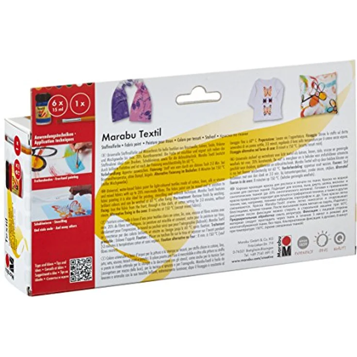 Marabu 1716000000087 - Textil Starter Set Grundfarben, Stoffmalfarbe, Wasserbasis, für helle Stoffe, weicher Griff, waschbeständig bis 60°C, für Stoffmalerei und -druck, 6 x 15 ml Farbe und Pinsel – Bild 2
