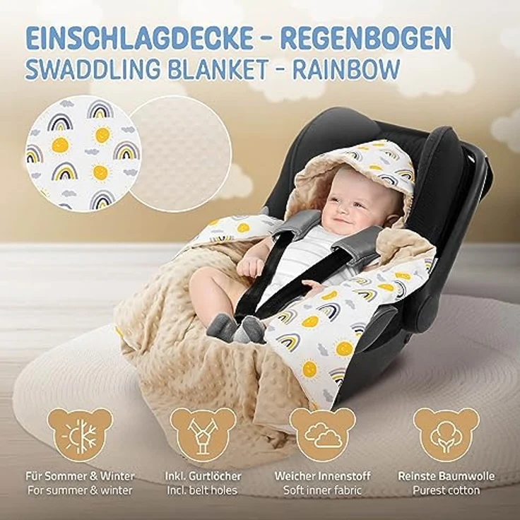 Joyz Einschlagdecke mit Kapuze, Regenbogen mit beigem Minky, 100% Baumwolle, 84x84 cm, Doppelseitig, Universal für Babyschale, Autositz, Kinderwagen oder Buggy, Kuscheldecke Ganzjahresdecke Babydecke – Bild 2