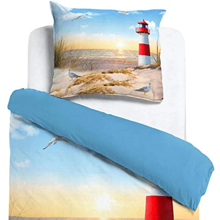 ESPiCO Wende Bettwäsche Sleep and Dream Leuchtturm Bunt Strand Möwe Sturmmöwe Vögel Ostsee Nordsee Sonnenuntergang Düne Renforcé, Größe:135 cm x 200 cm – Bild 2