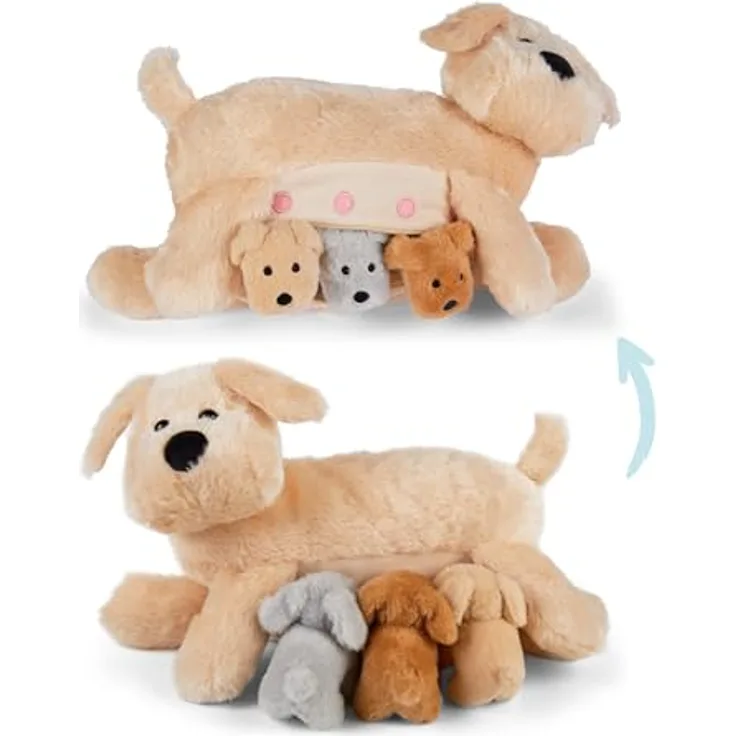Mamanimals Hunde Kuscheltier mit 3 Baby Welpen, 30 cm groß, Reißverschluss im Bauch, magnetische Zitzen zum Säugen, hochwertiges Plüschtier Set für Kinder