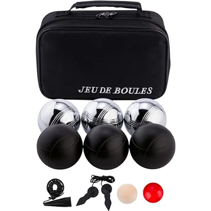 Engelhart Boule Set 6-Teilig, Metall Kugeln Schwarz/Silber mit Tasche, Zubehör für Petanque und Boccia