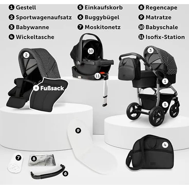 Bergsteiger Capri Kombikinderwagen 4-in-1 – Babywanne, Sportsitz, i-Size Babyschale, Isofix-Station, höhenverstellbar, faltbar, Luftreifen, inklusive Zubehör – Bild 3