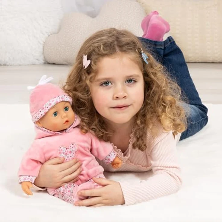 Bayer Babypuppe First Words Baby, 38 cm, rosa, mit Schlafaugen und 24 Babygeräuschen, 3-tlg. Set mit Flasche und Schnuller – Bild 4