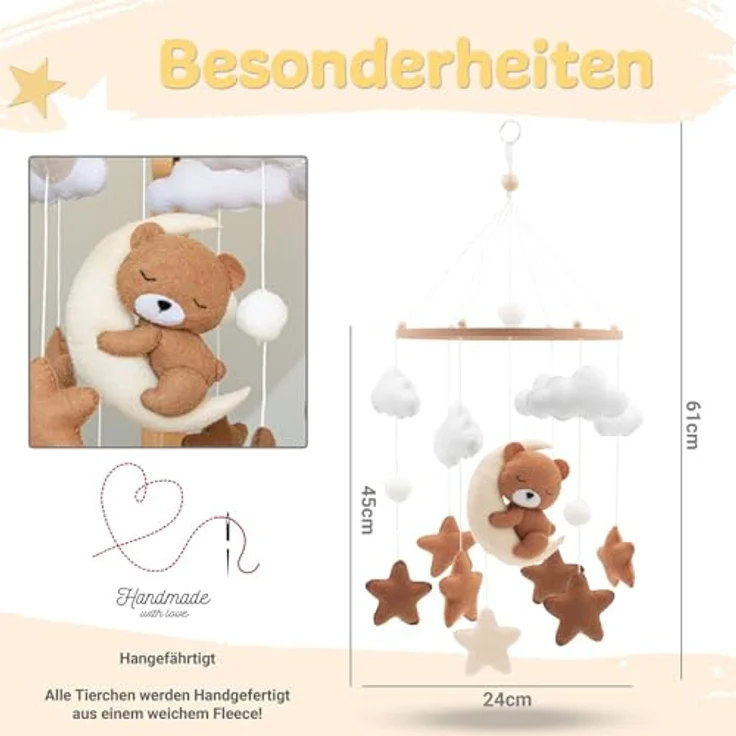 Babykajo Baby Mobile Schlummernder Bär, Holzring mit handgenähten Tierfiguren, perfekt für Babybetten und Kinderzimmer Deko – Bild 2