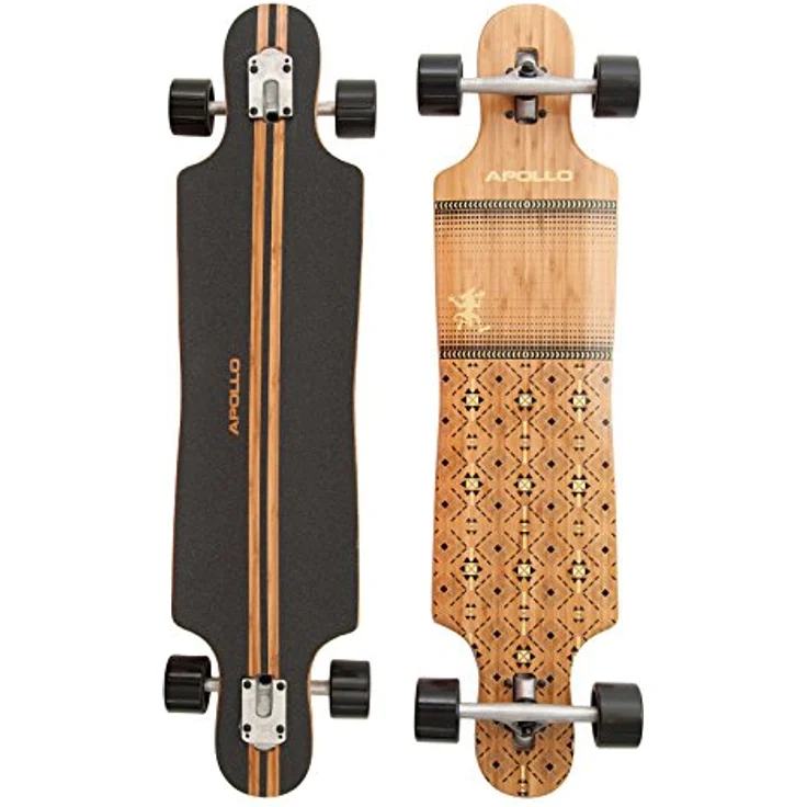 Apollo Longboard Nuku Hiva, Bambus Komplettboard, Twin-Tip Drop-Through Freeride Cruiser Board, Indianisches Muster - 101,8 cm (40 Zoll), Griptape mit Cut-Out, Braun – Bild 1
