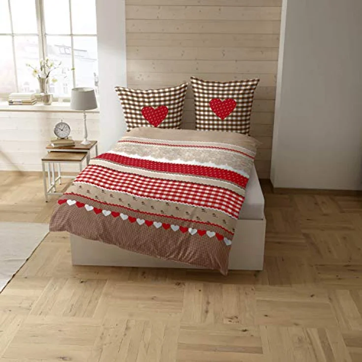 CASATEX Renforcé Bettwäsche Landhaus Rot Braun Baumwolle Herz Karo Kariert Romantik, Größe:135 cm x 200 cm – Bild 5