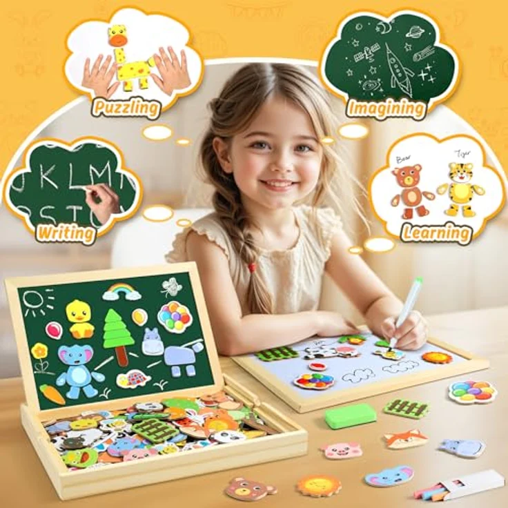 COOLJOY Magnetisches Holzpuzzle, 120+ Teile, Doppelseitige Magnettafel, Montessori Spielzeug für Kinder ab 2 Jahren, Geschenkidee für Mädchen und Jungen – Bild 2