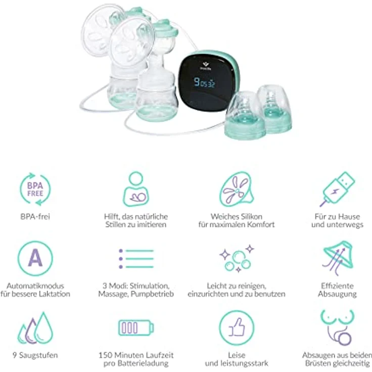 TrueLife Nutrio BP Electric Double, Elektrische Doppelmilchpumpe mit MilkFlowStimulation-Technologie, BPA-frei, ultra-leise, wiederaufladbar (Silikon Schnuller inklusive) – Bild 2