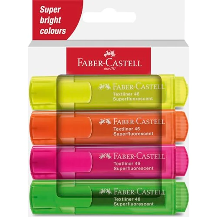 Faber-Castell 254644 Textliner 1546 Textmarker, Neonfarben, 4 Stück - Leuchtende Neonfarben, nachfüllbar, 3 Breiten, grün, gelb, rosa, orange