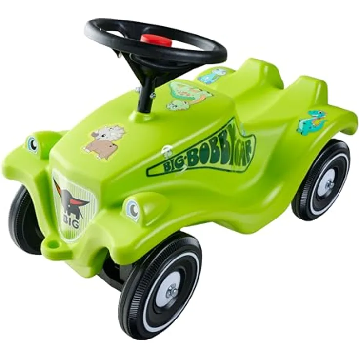 BIG Bobby Car Classic Dino - Rutschauto ab 1 Jahr, Grün-Schwarz mit buntem Dino-Design, Sicherheits-Lenkrad und Hupe - für Kinder bis 50 kg