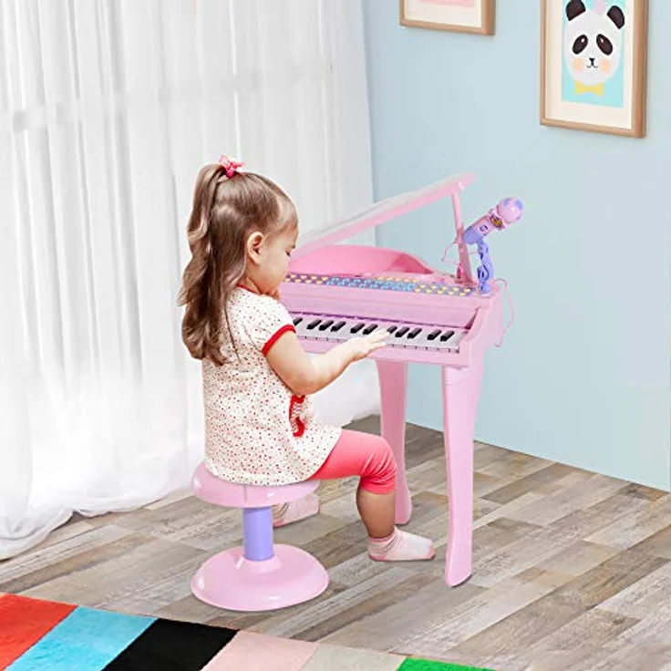 HOMCOM Kinder Klavier Mini-Klavier Piano Keyboard Musikinstrument MP3 USB inkl. Hocker 37 Tasten Rosa – Bild 2
