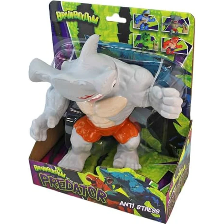 BEMIRO BrainBoooom Predator Anti-Stress-Figur, dehnbare Actionfigur im Hai-Design, 22 cm, Grau mit Orange, ideal zum Stressabbau – Bild 2