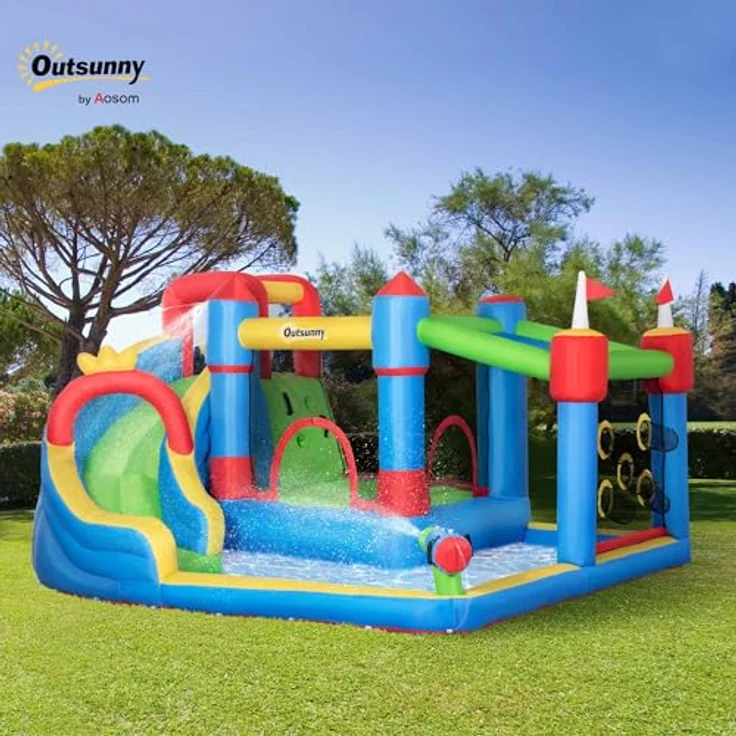 Outsunny Hüpfburg mit Gebläse, aufblasbarer Wasserpark mit Wasserrutsche, Planschbecken, Kletterwand und Wasserpistole für 3 Kinder von 3-8 Jahren, inkl. 450 W-Luftpumpe, bunt – Bild 2