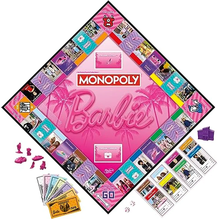 Monopoly Barbie Edition Brettspiel - Deutsche Fassung, 6 pinkfarbene Zinkspielfiguren, Traumhäuser und Traumkarriere-Karten – Bild 3