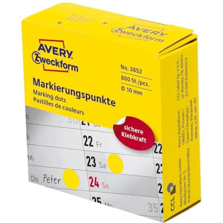 AVERY Zweckform Klebepunkte 3852, selbstklebende gelbe Punkte Ø 10,0 mm, 800 St. in Spenderbox – Bild 1