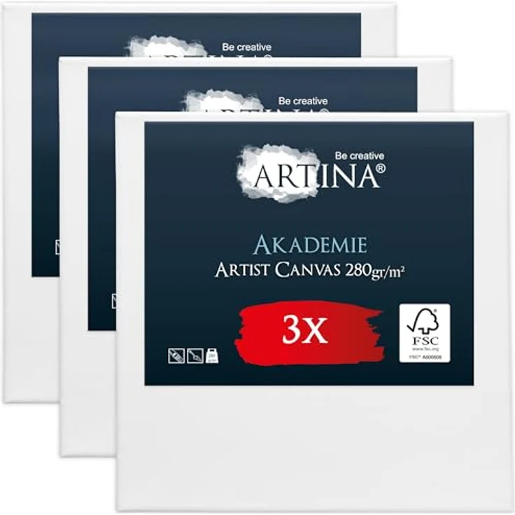 Artina Akademie Keilrahmen Leinwand 20x20 cm, 3er Set, 100% Baumwolle, säurefrei, vorgrundiert für Acrylfarben – Bild 1