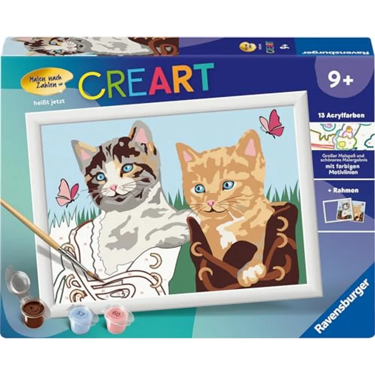 Ravensburger CreArt 23955 Kätzchen im Schuh-Malen nach Zahlen für Kinder ab 9 Jahre, Rahmen inklusive, Acrylfarben in 13 Farben, wasserbasiert – Bild 2