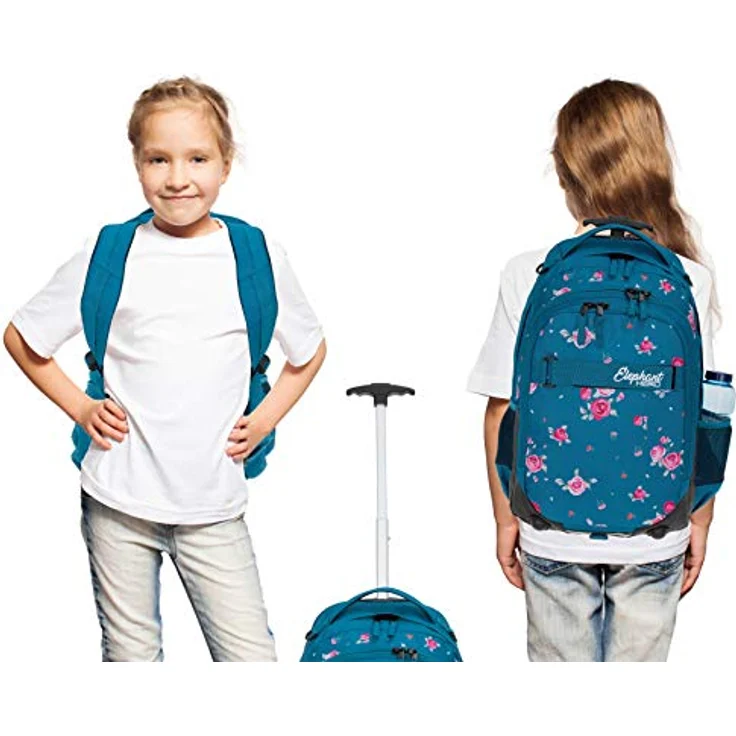 Elephant 3 Teile Set Trolley Hero Signature Schulranzen-Sets 12800 (Blue Flower (Blau/Rose)) - Rucksack mit 35 L Stauraum, Alu Ausziehgriff, Inliner Räder, Sporttasche und Mäppchen enthalten – Bild 4