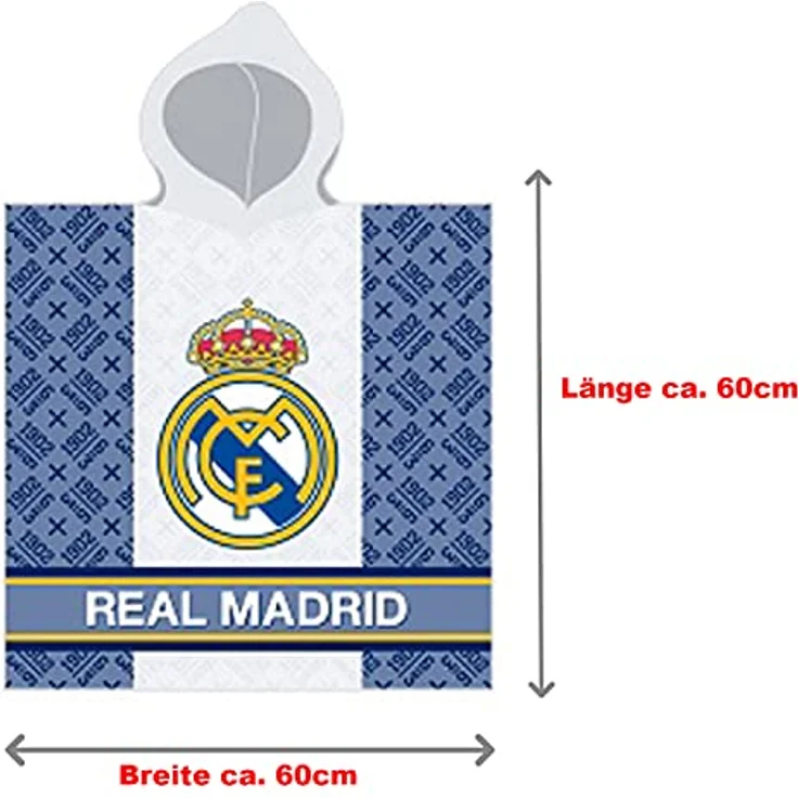 BERONAGE Kinder Kapuzenhandtuch Real Madrid Bade-Poncho 60x120 cm, Fußball Bademantel, 100% Baumwolle, Frottee in Velours-Qualität – Bild 6