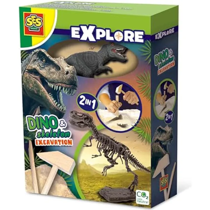 SES Creative 25092 Dino und Skelette ausgraben 2 in 1 - T-rex, Lehrreiches Ausgrabungsspielzeug für Kinder ab 5 Jahren mit Spielfigur und Werkzeugen