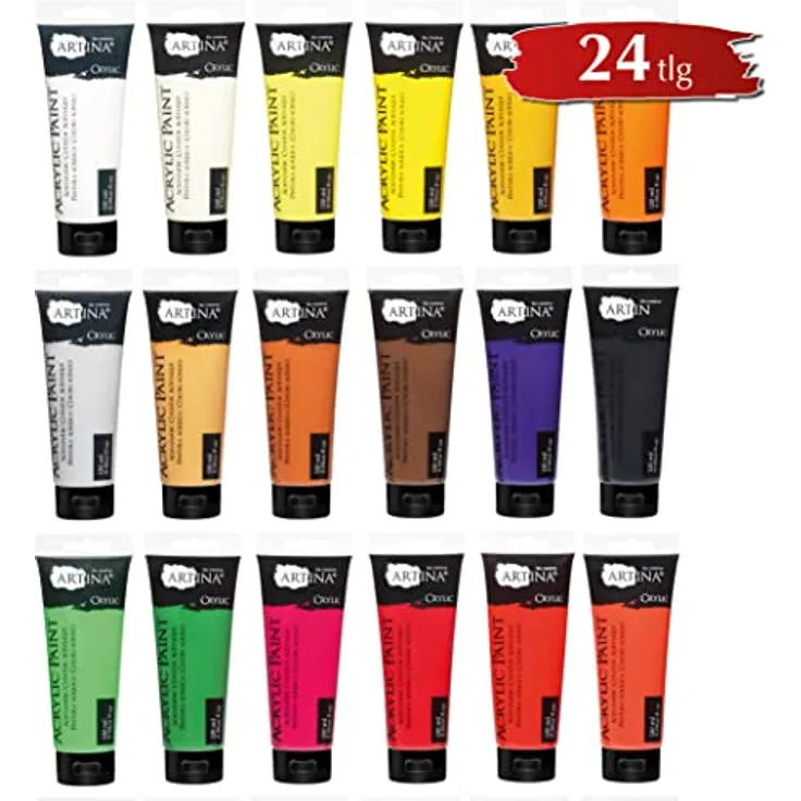 Artina 24er Acrylfarben Set 120ml – Schnelltrocknende, wasserfeste und hochpigmentierte Künstlerfarben in Grundfarben, 24 Tuben