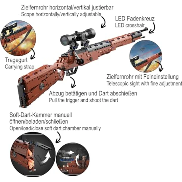 JAMARA CADA Karabiner 98K Bricks, Klemmbausteine Set mit 653 Teilen, Soft-Darts, LED Fadenkreuz, Tragegurt, für Kids ab 8 Jahren – Bild 4