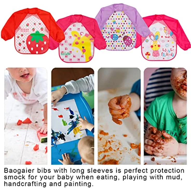 Baogaier Lätzchen Baby Wasserdichte Lange Aermel Kinder Mädchen Waschbar Babylätzchen zum Bemalen BPA Frei Abwaschbar Verstellbare Einfache Reinigung Schürze Essen Kunst Handwerk Spielen Rot Pink 4PCS – Bild 7