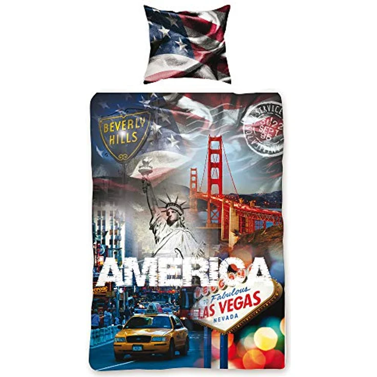 BERONAGE USA Bettwäsche-Set Stars and Stripes 135x200 + 80x80 cm 100% Baumwolle Amerika Bettbezug Blau Weis Rot New York Taxi Las Vegas San Francisco Stern-e Sternchen 2 Motive deutsche Größe Reißverschluss – Bild 4