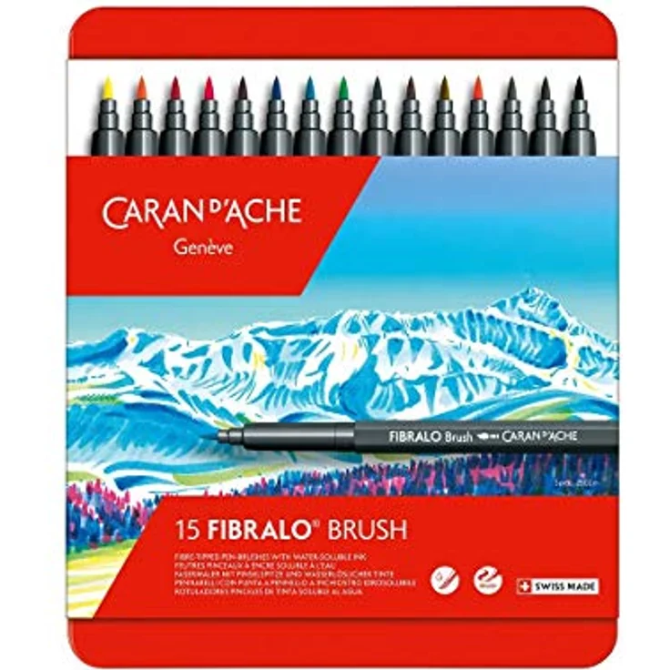 Caran d'Ache Fibralo Brush Sortiment 15 Farben, wasservermalbare Fasermaler mit Pinselspitze 0,5-5 mm, 0186.315