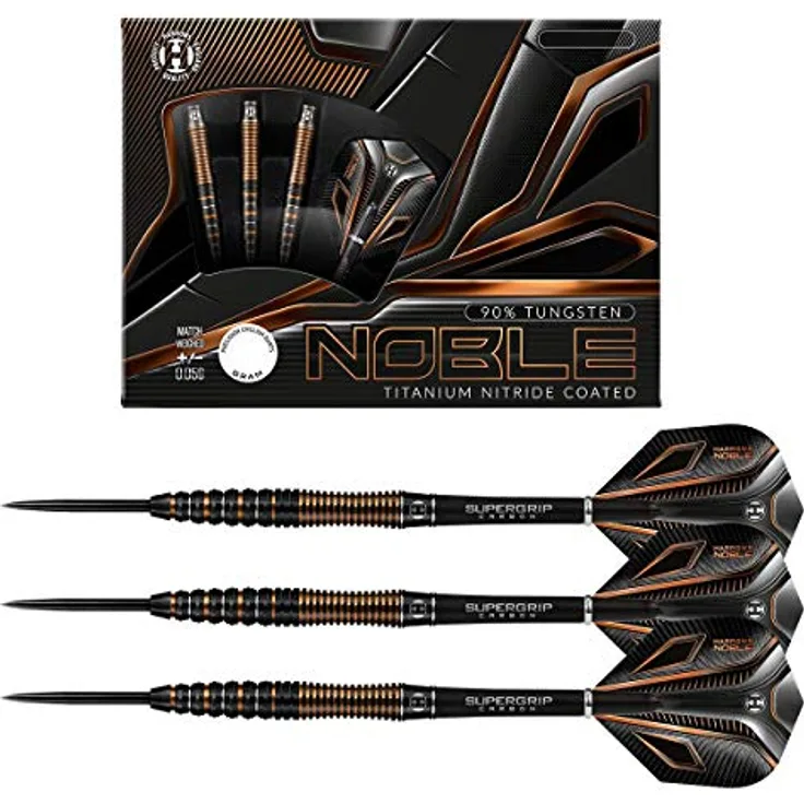 Harrows Noble 90% Steeldarts, 21 Gramm mit Supergrip Carbon-Schäften, in Schwarz, Silber oder Gold