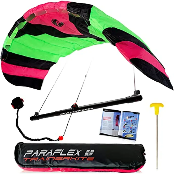 Wolkenstürmer® Paraflex Trainer 3-Leiner Lenkmatte 2.3 Neonpink - „Ready to Fly“ Kite Drachen inkl. Trainerbar - Trainer Kite - Windtrainer zum Mountainboard Fahren