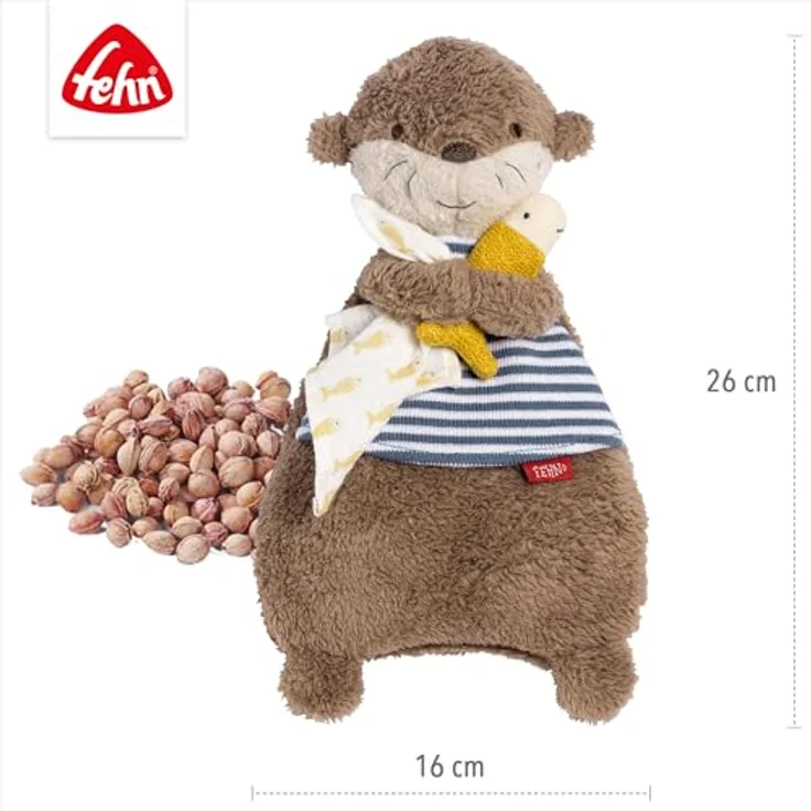 Fehn Wärmetier Otter - Körnerkissen mit entnehmbarem Wärme- / Kältesäckchen, geeignet für Babys und Kleinkinder, Plüsch/Strick, 26 cm, waschbar bei 30°C, Otter-Hülle in gestreiftem Strick/Musselin – Bild 4