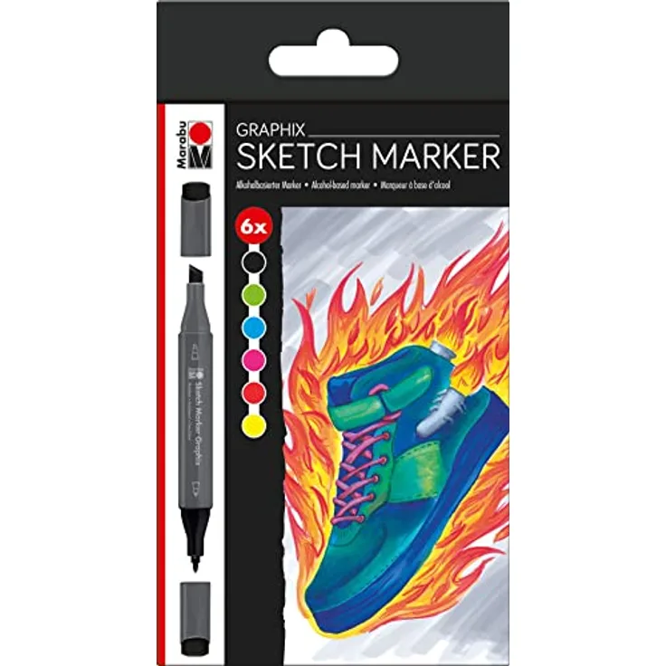 Marabu Sketch Marker Graphix 6er Set Heat, Brillante, schnelltrocknende, alkoholbasierte Tinte, geruchsarm, wasserfest, Japanische Doppelspitze 1-7 mm Keilspitze und 1 mm fein