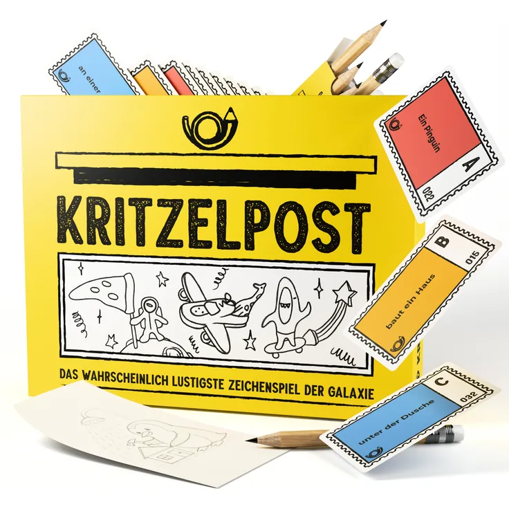 Momentum Games Kritzelpost – Lustiges Zeichenspiel für 4-16 Personen, inklusive 180 Karten und Stiften, ab 8 Jahren