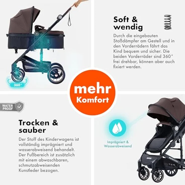 Daliya® NEOMOVE 3in1 Kinderwagen, Buggy & i-Size Babyschale | Alu-Rahmen | Großer Einkaufskorb | Stadt & Gelände (Schwarz-Weinrot) – Bild 4