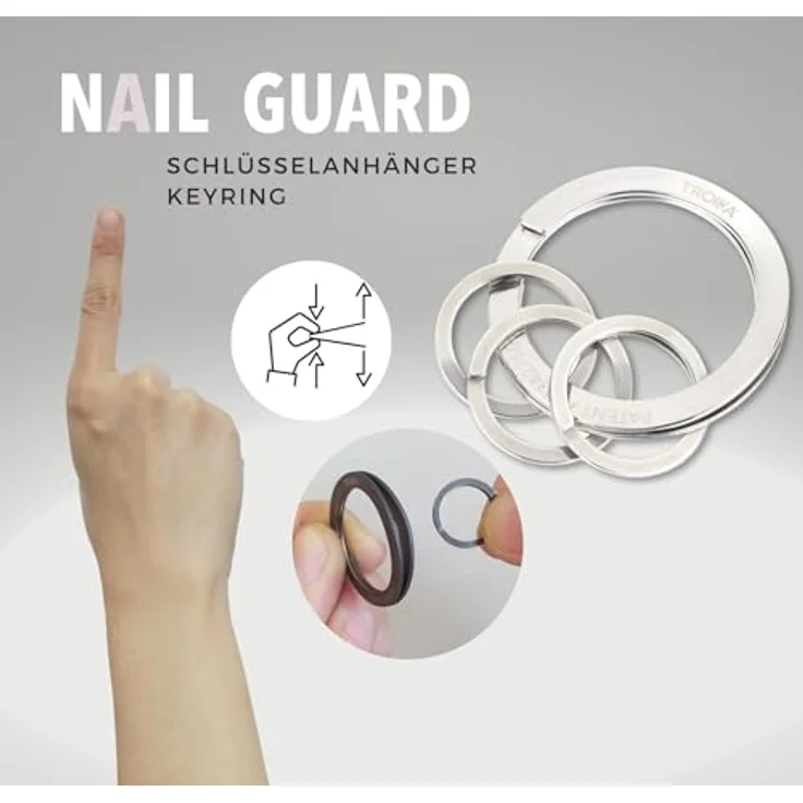 TROIKA Schlüsselanhänger fingernagelschonende Schlüsselringe (1x groß, 3x klein) Edelstahl, matt silberfarben – Bild 6