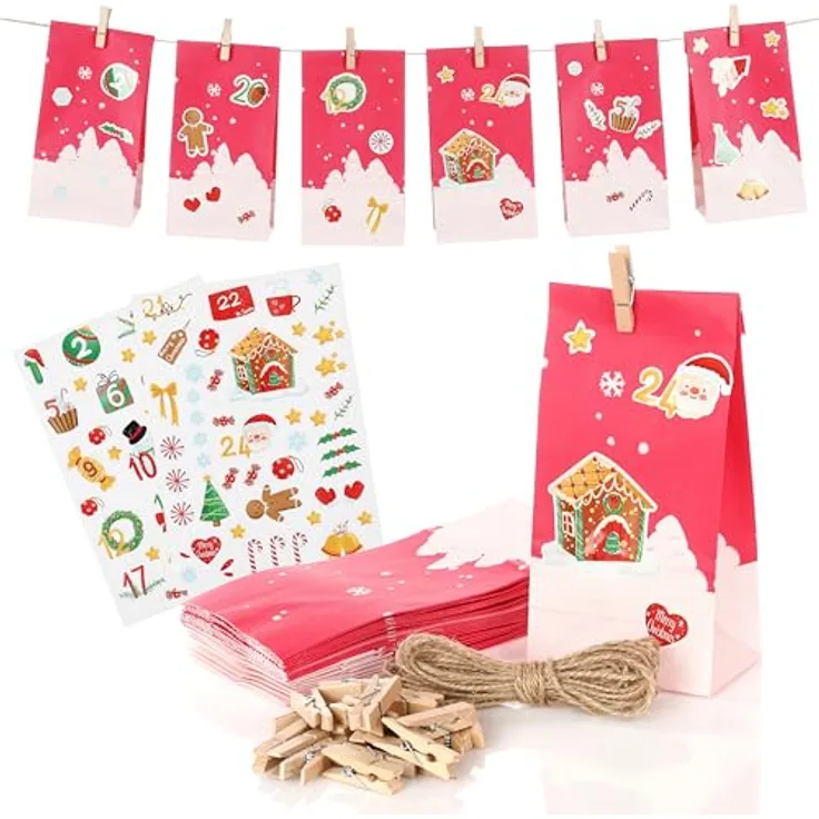 Nordstern Adventskalender zum Befüllen 2024 mit 24 Weihnachts-Papiertüten, Weihnachtsaufkleber, Juteschnur und Holz Klammern  - Kreativer DIY Adventsspaß