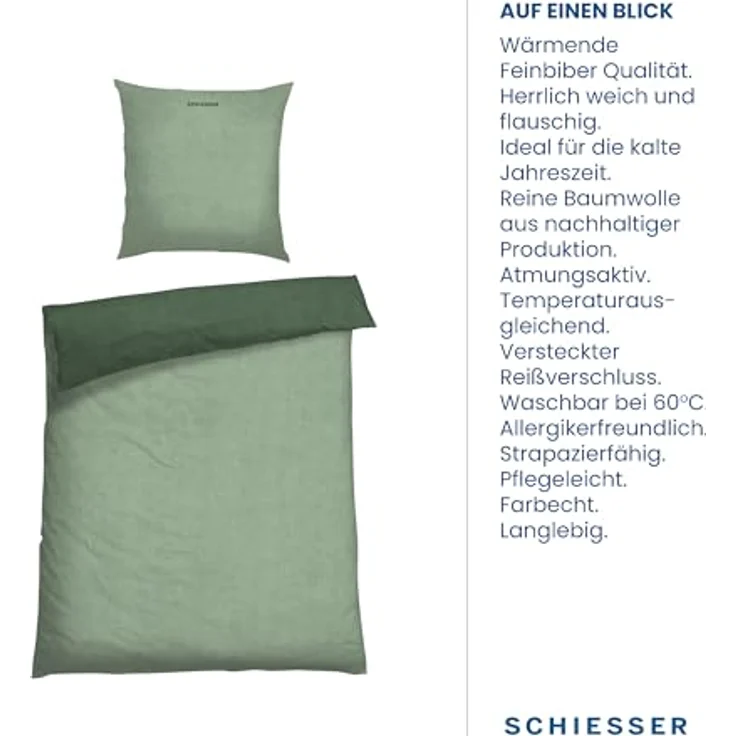 Schiesser Feinbiber Wendebettwäsche Doubleface, 100% Baumwolle, Farbe:Hellgrün-Grün, Größe:135 cm x 200 cm – Bild 4