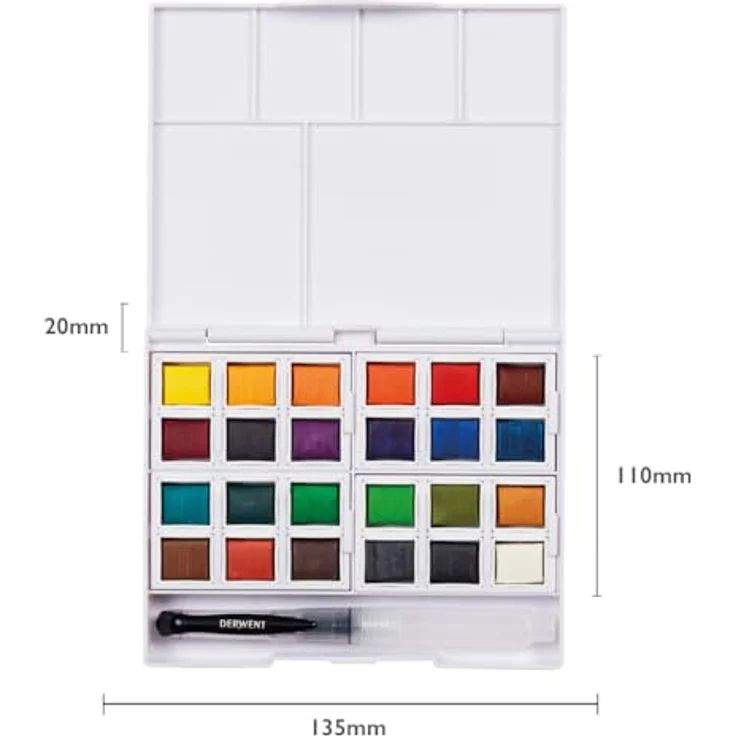 Derwent Aquarellfarben Malkasten 24-teiliger Watercolour Paint Pan, wasserlösliche Farben, Profi-Qualität, inklusive Mini-Wassertankpinsel, Reisegröße, 2306260 – Bild 5