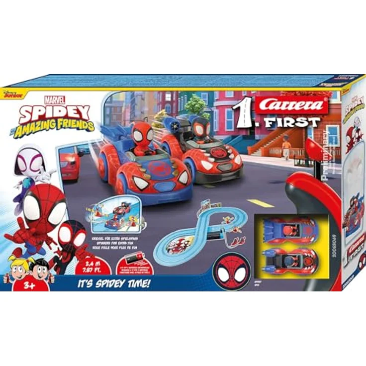 Carrera 20063049 Carrera First I Spidey Web Spinners Rennbahn-Set, 2,4 Meter Rennstrecke für bis zu 2 Spieler, inkl. Spidey & Miles Morales, für Kinder ab 3 Jahren – Bild 1