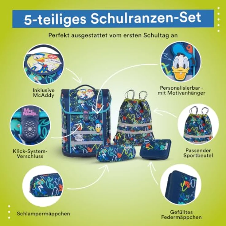 McNeill Schulranzen Perfecto (5-tlg), Polyester, mit reflektierendem Magnetschloss, höhenverstellbaren Gurten, 22 l Volumen – Bild 3