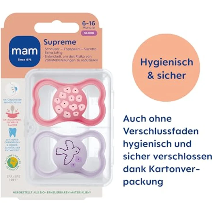 MAM Supreme Schnuller 2er-Set, gesunde Zahn- und Kieferentwicklung, hautfreundlich, 6-16 Monate, Blumen/Vogel – Bild 2