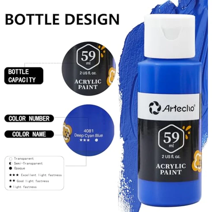 Artecho Acrylfarben Set 18 x 59ml, Wasserfest, Lichtecht, Ungiftig, Ideal für Leinwand, Papier und Stoffe, inkl. 10-teiligem Pinsel, für Anfänger und Profis – Bild 3