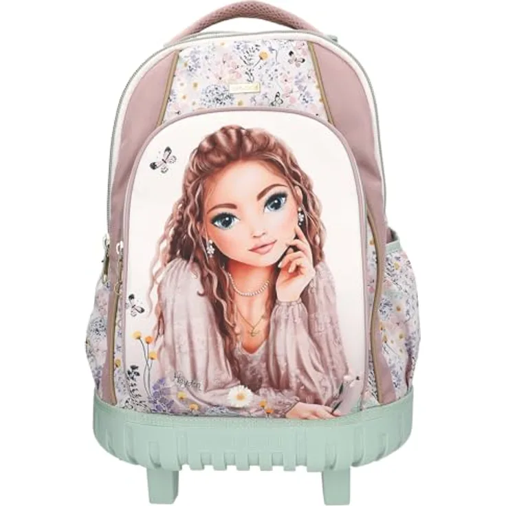 Depesche 13305 TOPModel Summer Feeling, Schulrucksack Trolley in Rosa und Salbeigrün, mit Model Motiv und Blumen Muster, 3 Fächer, Teleskopgriff und Rollen