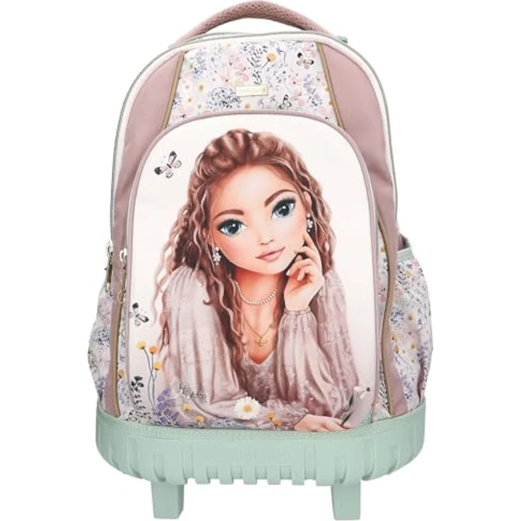 Depesche 13305 TOPModel Summer Feeling, Schulrucksack Trolley in Rosa und Salbeigrün, mit Model Motiv und Blumen Muster, 3 Fächer, Teleskopgriff und Rollen – Bild 1