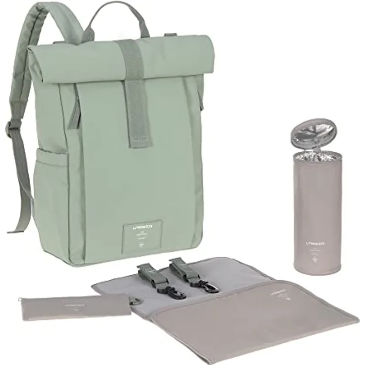 LÄSSIG Baby Wickelrucksack Wickeltasche Rucksack mit Wickelunterlage, nachhaltig produziert, Rolltop-Style, silver green