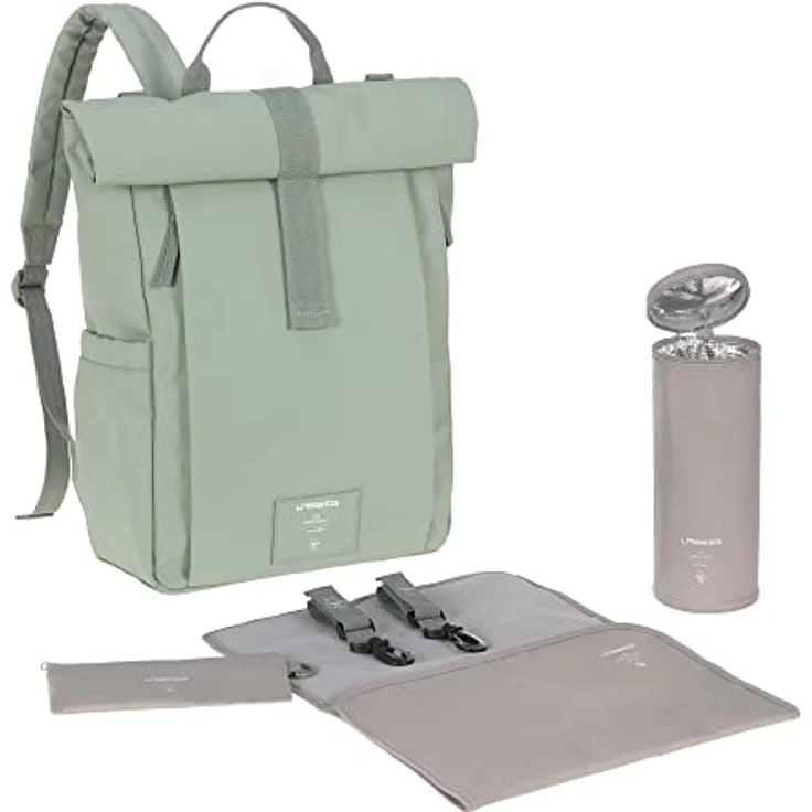 LÄSSIG Baby Wickelrucksack Wickeltasche Rucksack mit Wickelunterlage, nachhaltig produziert, Rolltop-Style, silver green – Bild 1